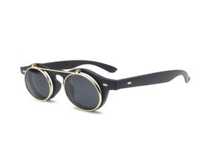 Новый дизайн бренда Retro Steampunk Punk Rock Flip Sunglasses Women Metal Ronvate Fashion Round Sunglass для женской винтажной равнины 6795208