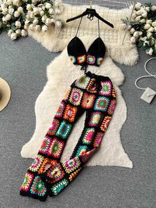 Women's Swimwear Fitshinling Bohemian Handmade Crochet Pants Matching Sets For Women Patchwork Vintage Slim Sexy Outfits Hollow Out Suits Female T240508