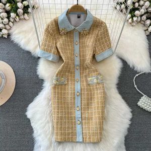 Basic Casual Dresses Two Piece Dress Fashion runway autumn tweed dress womens beaded short sleeved single chest retro patch work party short skirt vestL2405