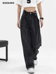Kvinnors byxor capris 2024 kvinnors väska långa jeans harajuku svart breda benbyxor gata kläder retro hög midja stor ficka y2k femle q240508