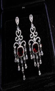 Stud Pigeon Blood Ruby Big Drop örhängen Kvinnor Hyperbole Crystal Cubic Silver Color Jewelry Vintage Aretes Fine Wedding PartyStud 6415219