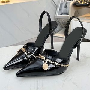 Zipper Slingback Pumps Black Women Designer Buty Sandały palców 10,5 cm Ubranie na pięcie Top Mirror Jakość Patent skórzane Summer Luksusowe buty wieczorne królowe