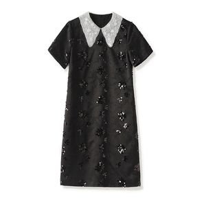 Summer Black Contrast Color Panelled Dress Short Sleeve Peter Pan Neck Jacquard Sequins Knee-Length Casual Dresses W4M065514