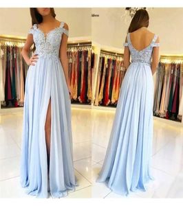 Party Dresses Sky Blue evening Dresses Long Side Split Off Shoulder Lace Appliques Prom Party Gowns Wedding Guest Maid Of Honor Dr4946611