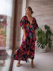 Abiti casual di base Fitshinling dp v Neck senza schiena sexy boho abito lungo donna donna pareo moda una linea abiti maxi abiti da donna abbigliamento floreale nuovo t240508