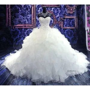 2021 Beaded Embroidery Ball Wedding Dresses Princess Gown Corset Sweetheart Organza Ruffles Cathedral Train Bridal Gowns Cheap 0509