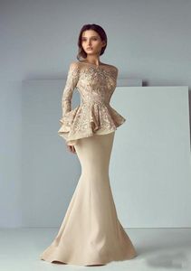 Champagne Lace Stain Peplum Wear Prom Dresses 2019 Sheer Neck Long Sleeve party dress Dubai Arabic Mermaid Long Evening Formal Gow1134509