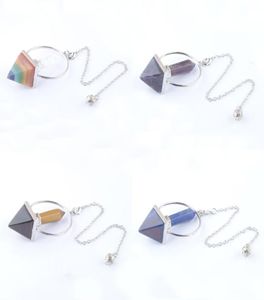 Dowsing Pendulum Spisination Pendants Natural Stone Hexagonal Prism Pyramid Amethyst Tigers Eye Obsidian Crystal Lapis Lazuli Chain7267826