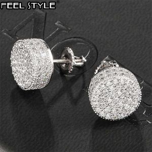 Hip Hop 1Pair Micro Voll gepflasterte runde Zirkon CZ Stein Bling Out Out Ohrring Kupferohrringe für Männer Schmuck 220125 2725