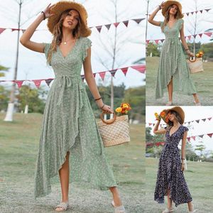 Sukienki swobodne Summer Floral Print Dress for Women Elegancki wiosenny rękaw Elegancki szlafrok boho maxi