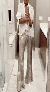 Women039SパンツCapris Silver Sequinin Ounsers Wide Leg Hight WAISTフレアパンツディスコダンス女性LONG8939879