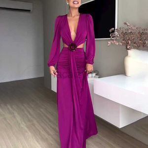 Lässige Kleider Designer-Kleid Frauen Feste Farbe langärmelig Falten Hollow