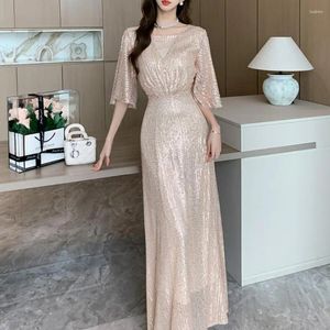 Lässige Kleider eleganter Flare -Ärmel langes Kleid mit Pailletten koreanischer Damen Slim Female Vestido Women 2024 Frühlings Sommer S981