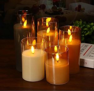 Remote or Not Glass tube 3D wick LED Pillar Lights Battery Operated Candles Set Home Wedding Party Table DecorationAmber 240430