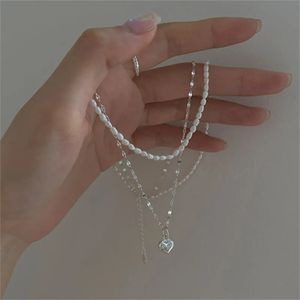 Authentic 925 Sterling Silver Multi Layer Heart Necklaces &Pendant Mother Gifts Natural Freshwater Pearl Chain Necklace For Women Fine Jewelry