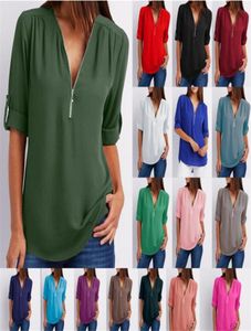 60st Chiffon Blus Shirts Zipper V Neck Pleated Loose Casual Plus Size Summer Half Sleeve Fashion Tops M2784193089