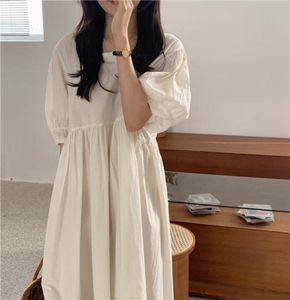 Women Summer Vintage Square Collar Long Dress High Waist Puff Sleeve Loose Pleat Midi Sundress Bow Tie Y2008054740038