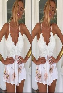 Moda2017 Kadınlar Giyim Geri Arka Bayanlar Kulübü Bodycon Party Romper Bodysuit Dantel Patchwork Çiçek Baskı Beyaz Sling Mini Vest7364190