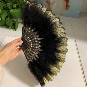 Chinese Style Products Vintage Folding Fan Feather Lace Chinese Pattern Craft Fans Dance Hand Fan Can DIY Feathers Home Ornaments Decoration