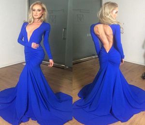 Дешевые сексуальные королевские синие выпускные платья с длинными рукавами русалка с плиссированной платья 2016 года.