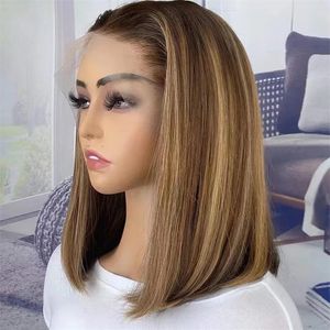 LACE FRONTE reta Bob Human Hair Wigs para mulheres negras pré -arrancadas curtas naturais sintéticas hd hd de fechamento frontal completo peruca