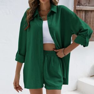 Summer Cotton Linen High Waist Shirt Short Turn Down Collar Long Sleeve Tops and Shorts Suit Casual Two Piece Sets 240429