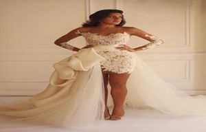 Fantastisk spets tyllbesättning nacke långa ärmar bröllopsklänningar mode löstagbar kjol illusion knälängd kort korsett bröllop klänning4171994
