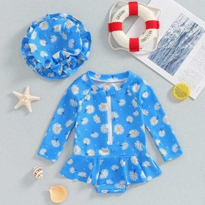 One-Pieces Baby Girls Swimsuit Flower Print Long Sleeve Bikini with Hat Newborn Swimwear for Summer Bathing H240508