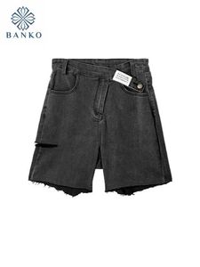 Kvinnors shorts koreanska y2k mode gyaru svart mitten långa jean shorts sommar 2024 kvinnor rippade hål ny design hög midja kn längd denim shorts y240504