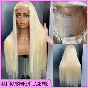 Im Verkauf 180% dichte malaysischer peruanischer brasilianer 613 blonde seie glatt 4x4 transparente Spitzenverschluss Perücke 280 g 100% rohe jungfräuliche remy dicke menschliche haarhaare