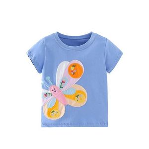 T-shirts Jumping Meters 2-7T Girls T-shirt 2024 Summer Childrens Kläder Kort ärmade barn T-shirt Topp Babin Butterfly Decal Shirtl240509