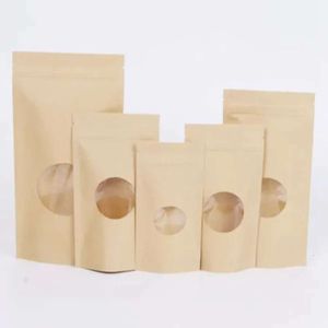 Stående zip grossist 500 st lås papperspåsar med rund fönster Kraft pack förvaring torkad matfrukter te elektronisk produkt