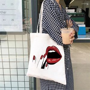 ショッピングバッグの女性買い物客の赤い唇釘エコキャンバスバッグファッション再利用可能なショルダーハンドバッグ印刷折