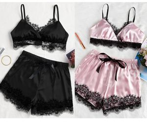 2pcsset sexy pajamas set sleepwear lace cami tops bowknot elastic shorts lemeep pajama nightwear sleapingwear set4688890