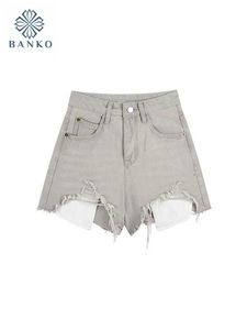 Kvinnors shorts amerikansk retro grå denim shorts vår sommar kvinnor hög midja jeans korta tofsar heta byxor strtwear koreanska mode klubbkläder y240504