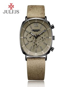 Julius Real Chronograph Men039S Business Watch 3 Dials Leather Band Attrezza quadrata Quarzo Orologio da polso Orologio di alta qualità Gift JAH03315639