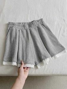 Shorts femininos casuais shorts esportivos simples renda de renda feminina praia de verão gyaru cintura elástica calça curta sólida coreana de alta qualidade y240504