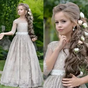 Princess Girls Dresses Teenager Wedding Lace Appliques Ball Gowns Tulle Long Sleeves Flower Girl Dress For Sales 0509