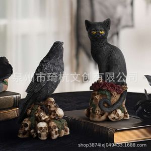 新しい神秘的な暗い風のスケルトン動物猫とカラス像樹脂樹脂クラフトの家の飾り
