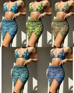 Women's Swimwear 3Pcs Swimsuit With Skirt Halter Pad Burkini Brazilian Thongs Top Bath Clothing Bikini 2024 Women Beach Clothes Separate