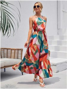 Vestidos casuais básicos Fitshinling Summer Halter Party Party Women Women Wear Fashion Slim A-Line Long Maxi Dresses Sundress Slenveless Come T240508