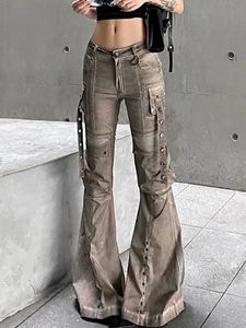 Umyjne brązowe dżinsy na użyteczności dla kobiet amerykańskie kieszonkowe spodnie szerokie nogi oryginalny styl pobytu Y2K wypoczynek spodni 240508