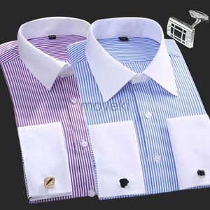 Herrklänningskjortor Nya M ~ 6xl Cotton Mens French Cuffs Business Long Sleeve Shirt Stripes Bekväma Standard Eleganta formella skjortor Manschetten Top D240427