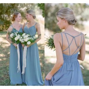 A-line Druhna Weddna sukienka gościnna z krzyżowymi paskami Vesta Festa de Casamento 2021 Dusty Blue Boho Junior Druhad Sukienki 0509