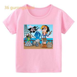 Tişörtler Karikatür Kafatası Korsan Gemi Baskılı Grafik Çocuk Tişörtleri T-Shirt Kızlar T-Shirt Pembe Top Kız T-Shirt Boys T-Shirtl240509