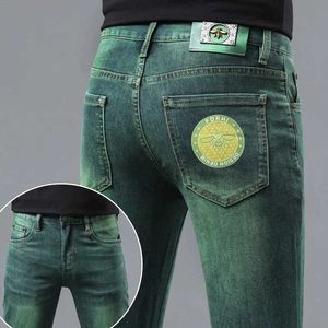 Mäns jeans Jade Green Mens High End Affordable Luxury Fashion Slim Fit Elastic Personalized Full Matching Straight Pants Q240509