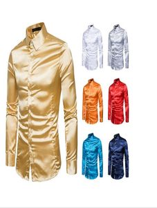 Satin Smooth Men Solid Tuxedo Shirt Business Chemise Homme Casual Slim Fit glänzend golden Hochzeitshemdhemden Fashion Shirt1800569