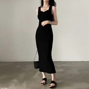 Casual Dresses HOUZHOU Elegant Black Woman Midi Dress Sexy Bodycon Sleeveless Vintage Korean Style Summer Knitted Medium Length