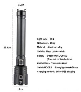 جديد P902 مصباح يدوي قوي شحن الكمية الكهربائية P90 Zoom 26650 Strong Light Flashlight 9178154