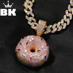 Den bling king rosa isiga donuthängen halsband för kvinnor asfalterad färgglad kristall charm 9mm cz kubansk kedja söta y2k smycken